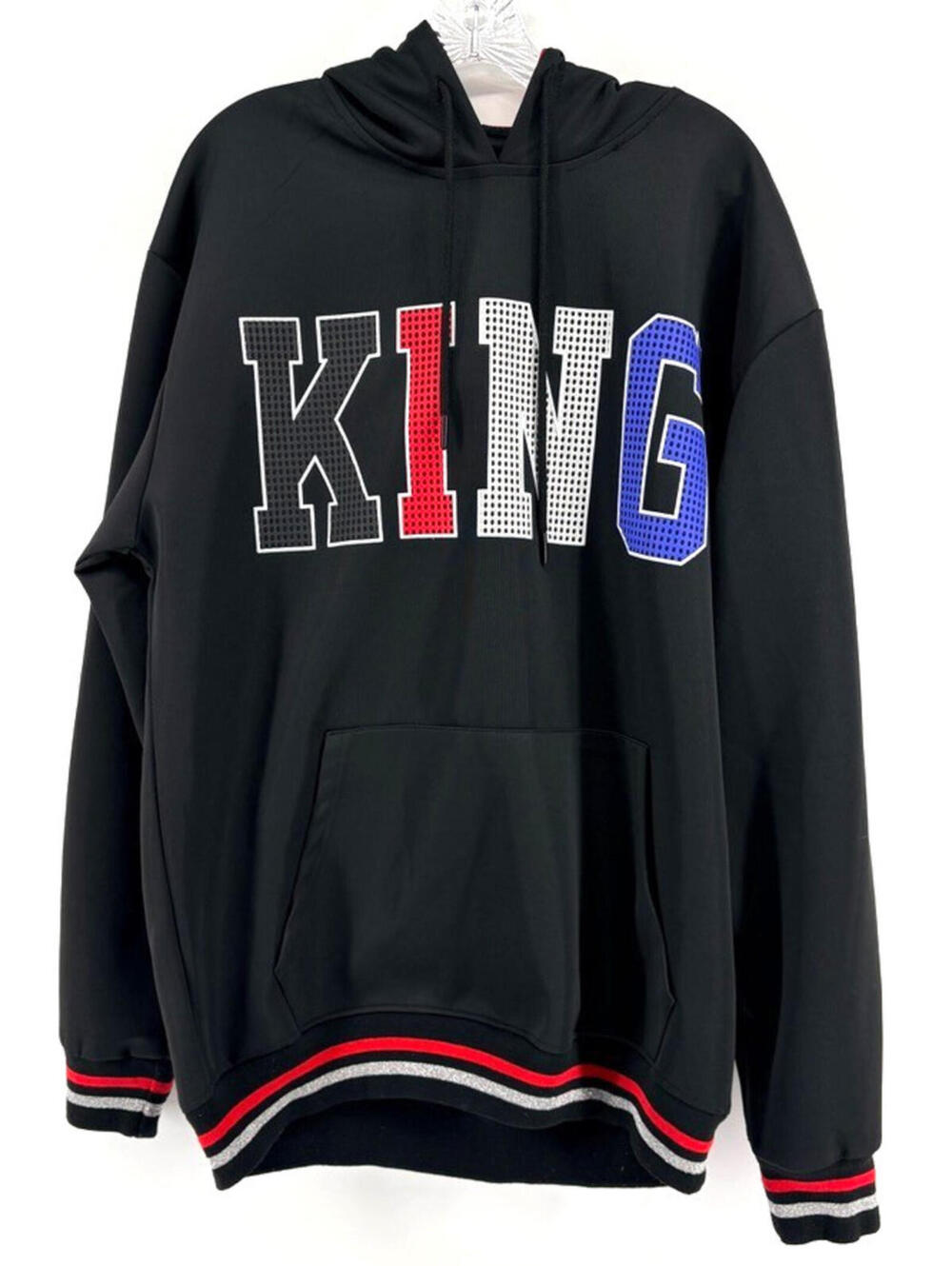 Sacred Crown Men's Hoodie "KING" Pocket Drawstring Black Large